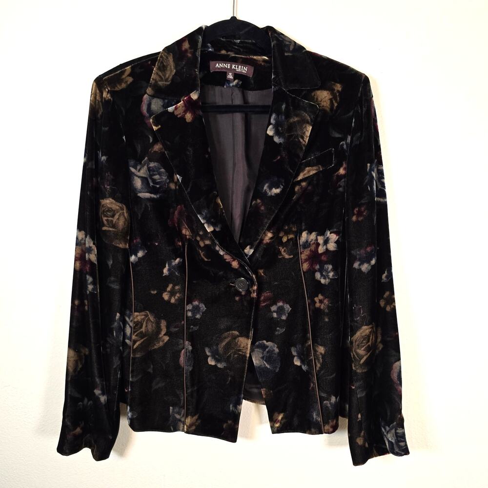 Anne Klein Silk Blend Velvet Blazer Women's 12 Expresso Subtle Floral Boho Chic